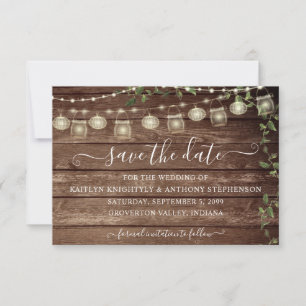 Save The Date Lumières en bois de mariage rustique en pot de mas