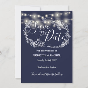 Save The Date Lumières Guirlandes Florales Mariage Bleu Nuit