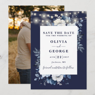 Save The Date Lumières guirlandes rustiques bleu marine Fleur ph