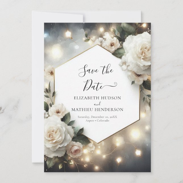 Save The Date Lumières Romantiques Roses Blanches Mariage (Devant)
