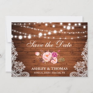 Save The Date Luminaires en dentelle de bois rustique Floral ros