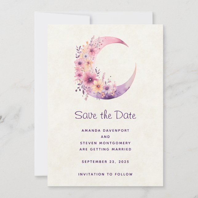 Save The Date Lune rose Croissant avec Jolie Fleurs Mariage (Devant)