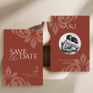 Save The Date Lush Sienna Classic Script Damask Photo Mariage