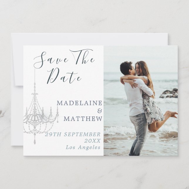 Save The Date Lustre Floral bleu Eucalyptus Mariage élégant (Devant)