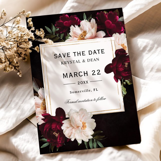 Save The Date Luxe Dark Moody Bourgogne Blush Floral Mariage (dark moody burgundy blush pink peonies roses floral flowers wedding save the date cards printed )