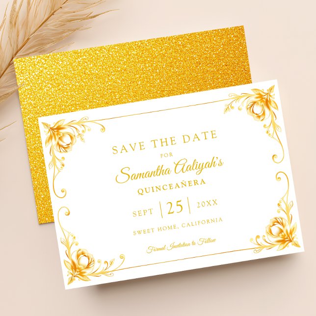 Save The Date Luxe Golden Floral Blanc et Or Quinceanera (Créateur téléchargé)