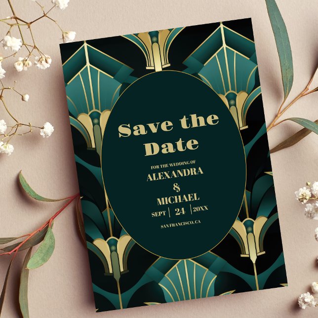Save The Date Luxe Green et Gold Art Déco Mariage (Créateur téléchargé)