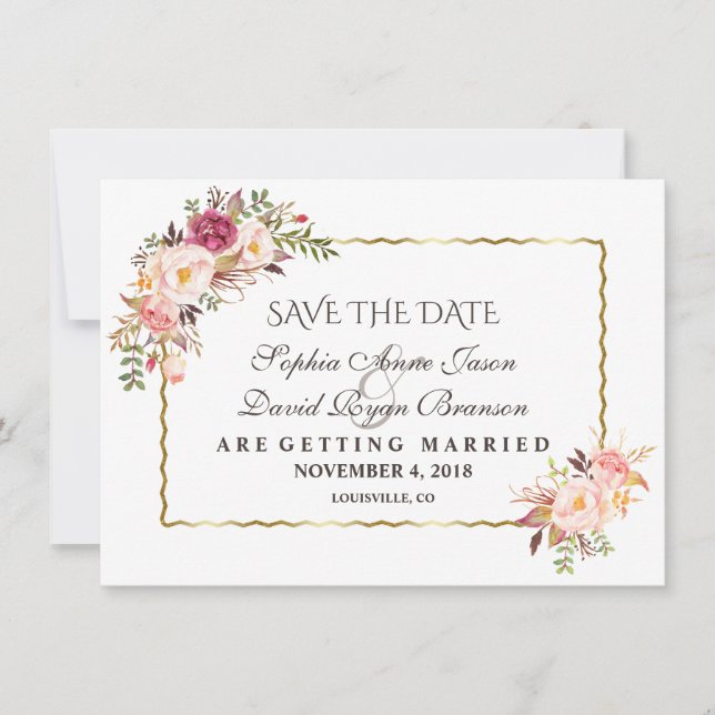 Save The Date Luxe Or Blush Rose Floral Navy Économisez La Date (Devant)