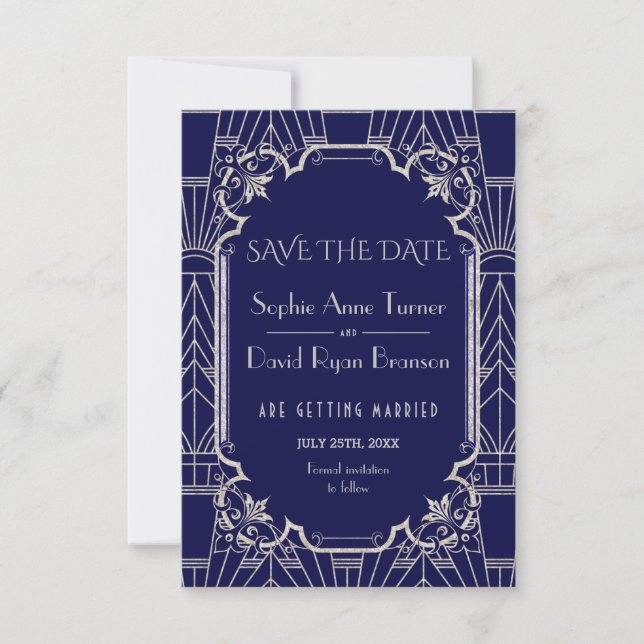 Save The Date Luxe Silver Navy Blue Great Gatsby 20s Mariage (Devant)