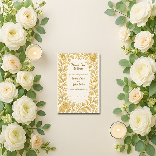 Save The Date Luxueux Fleurs Dorées Enregistrez la Date (Créateur téléchargé)