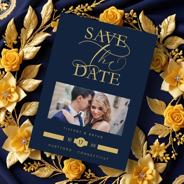 Save The Date Luxurious Fancy Blue Marine  Photo Gold Script (Luxurious Fancy Blue marine Photo Golden Effect Typography Save the Date Card with Envelope.)