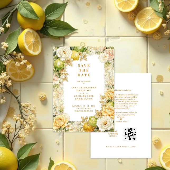 Save The Date Luxury Delicate Mediterranean Lemons & Flowers (Luxury Delicate Mediterranean Lemons & Flowers Frame Wedding Save the Date Cards.)