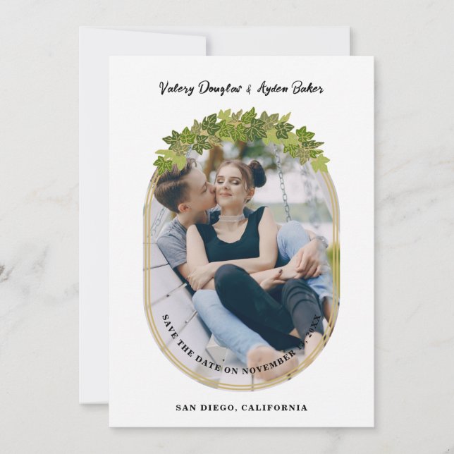 Save The Date Luxury Golden Ivi Leaves Oval Frame Chic Photo (Devant)