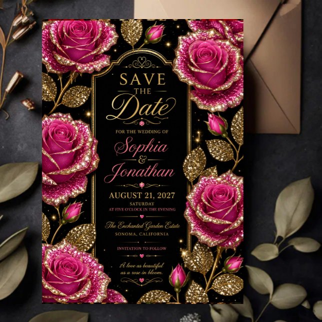Save The Date Luxury Hot Pink Glitter Rose (Créateur téléchargé)