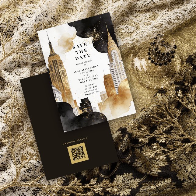 Save The Date Luxury Iconic NY Buildings Cityscape Glitter  (Luxury Iconic NYC Buildings Cityscape with Glitter effect Wedding Save the Date Card Design.)