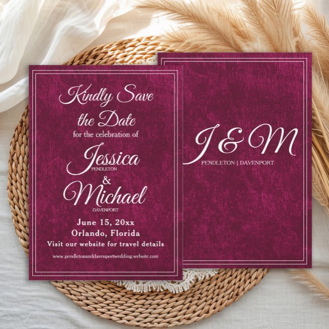Save The Date Luxury Velvet Burgundy Berry Monogram Wedding (Elegant, luxury wedding Save the Date with monogram back)