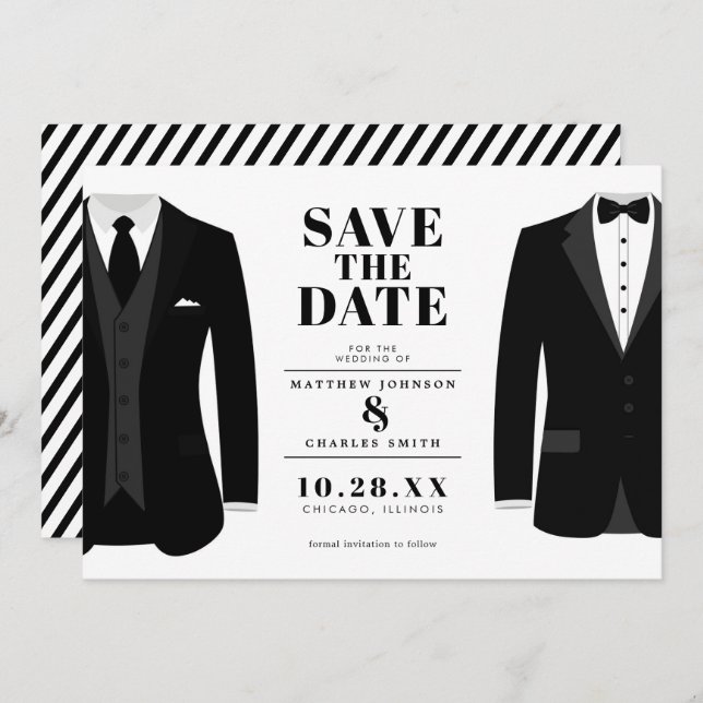 Save The Date M. & M. Mariage Moderne Tux Noir - Sauvegarder la  (Devant / Derrière)