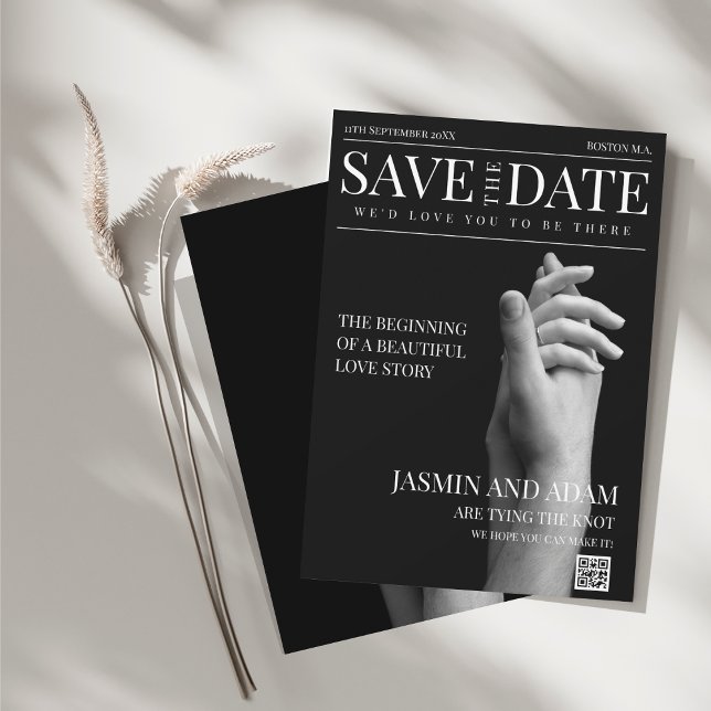 Save The Date Magazine de mariage chic en mode sombre (Magazine Black Dark Mode Newspaper Photo Wedding Save The Date)