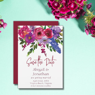 Save The Date Magenta and Purple Flowers Greenery Floral Wedding