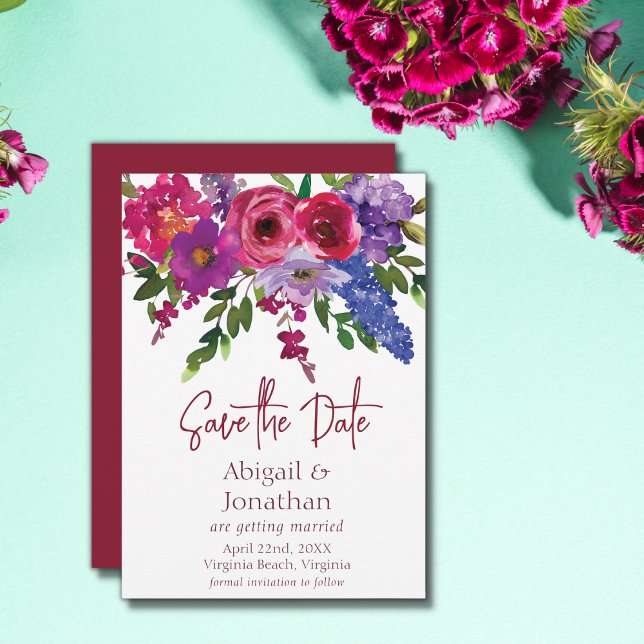 Save The Date Magenta and Purple Flowers Greenery Floral Wedding (Créateur téléchargé)