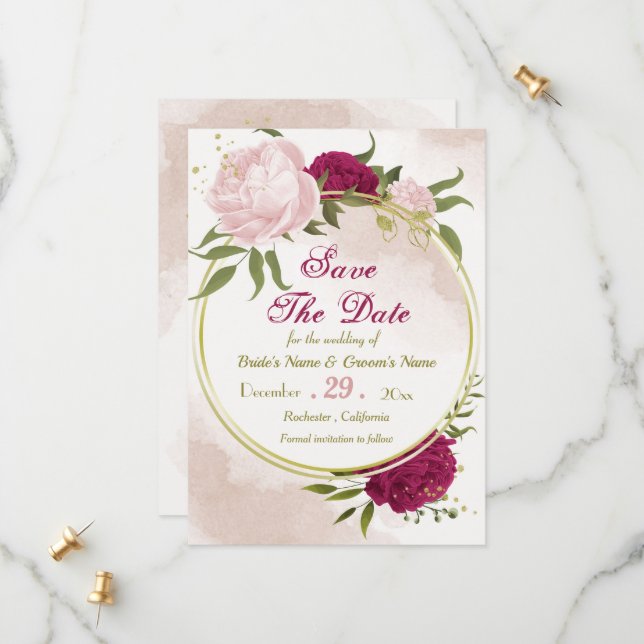 Save The Date magenta fleurs roses feuilles verts (Devant/Arrière en situation)