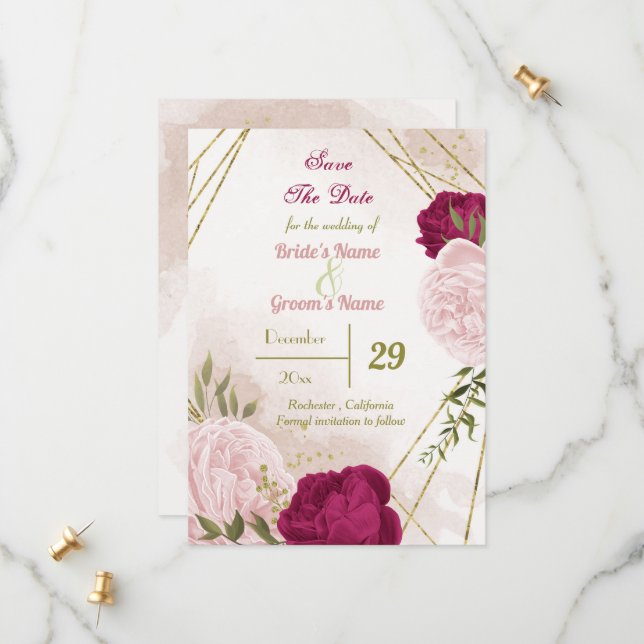 Save The Date magenta fleurs roses feuilles verts (Devant/Arrière en situation)