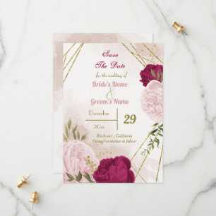 Save The Date magenta fleurs roses feuilles verts