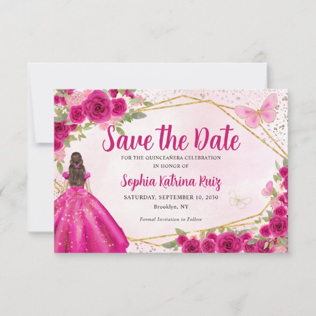 Save The Date Magenta Hot rose or Floral Princesse Quinceañera (Devant)