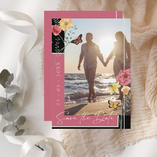 Save The Date Magenta Rose Fleur Sauvage Boho Photo Enregistrer 