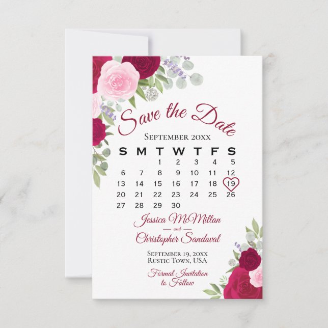 Save The Date Magenta Rose Floral Élégant Boho Calendrier Mariag (Devant)