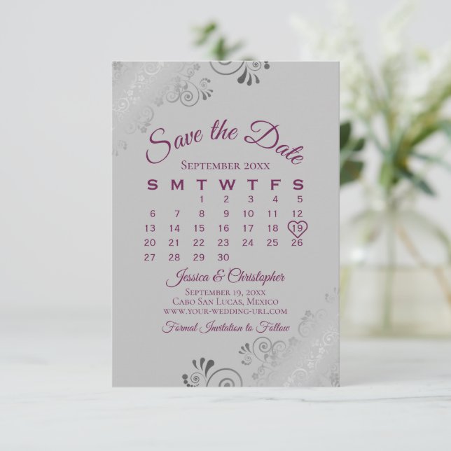 Save The Date Magenta sur les boucles d'argent gris Calendrier M (Debout devant)