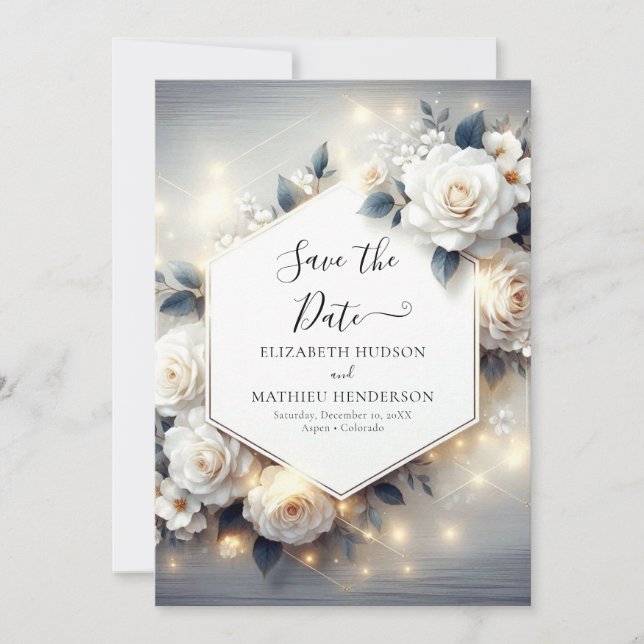 Save The Date Magic Chic White Roses Mariage (Devant)