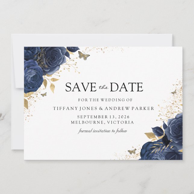 Save The Date Magic Navy Indigo Rose Gold Floral Mariage (Devant)