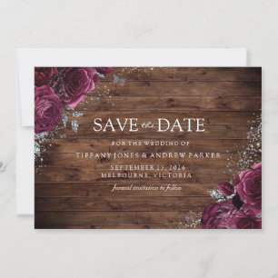 Save The Date Magique Bourgogne Maroon Rose Rustique Mariage