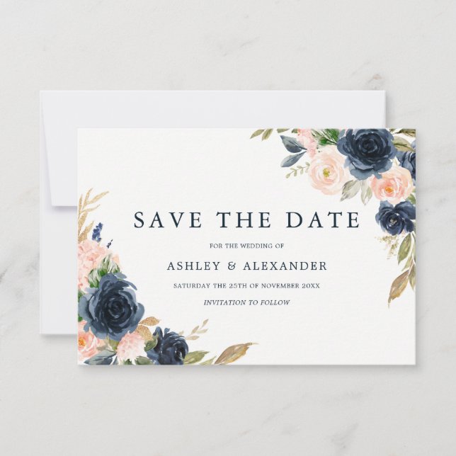 Save The Date Magnifique mariage floral en rose et bleu marine (Devant)