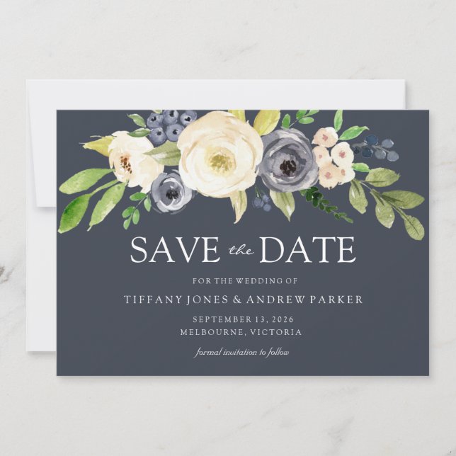 Save The Date Magnifique Marine & White Watercolor Flowers Maria (Devant)