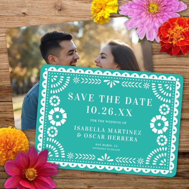Save The Date Magnifique Ornate Papel Picado Photo Aqua Mariage (Créateur téléchargé)