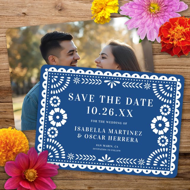 Save The Date Magnifique Ornate Papel Picado Photo Mariage Bleu (Créateur téléchargé)