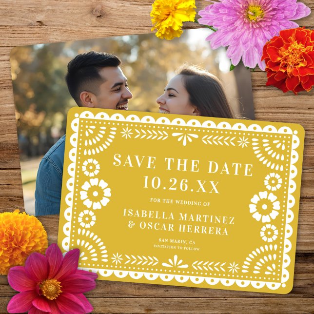 Save The Date Magnifique Papel Orné Picado Photo Mariage Jaune (Créateur téléchargé)