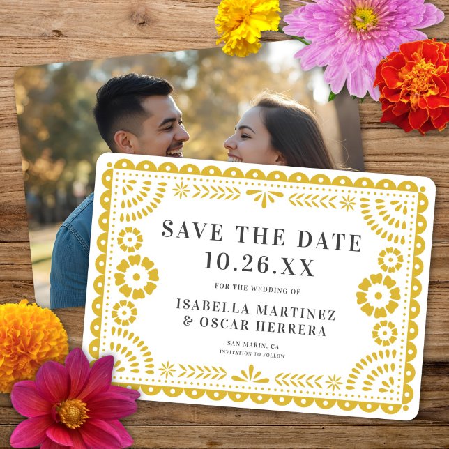 Save The Date Magnifique Papel Orné Picado Photo Mariage Jaune (Créateur téléchargé)