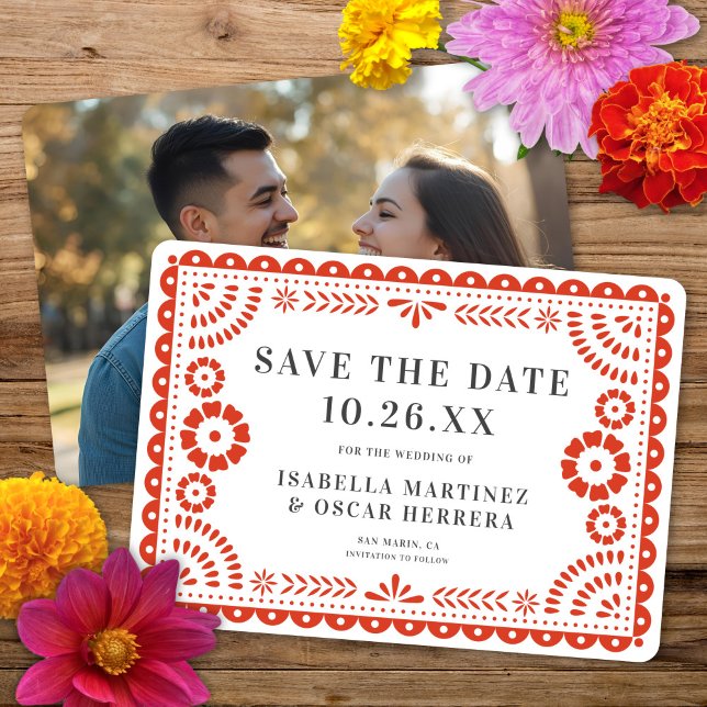 Save The Date Magnifique Papel Picado Photo Mariage rouge chaud (Créateur téléchargé)