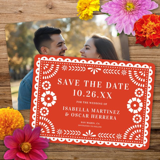 Save The Date Magnifique Papel Picado Photo Mariage rouge chaud (Créateur téléchargé)