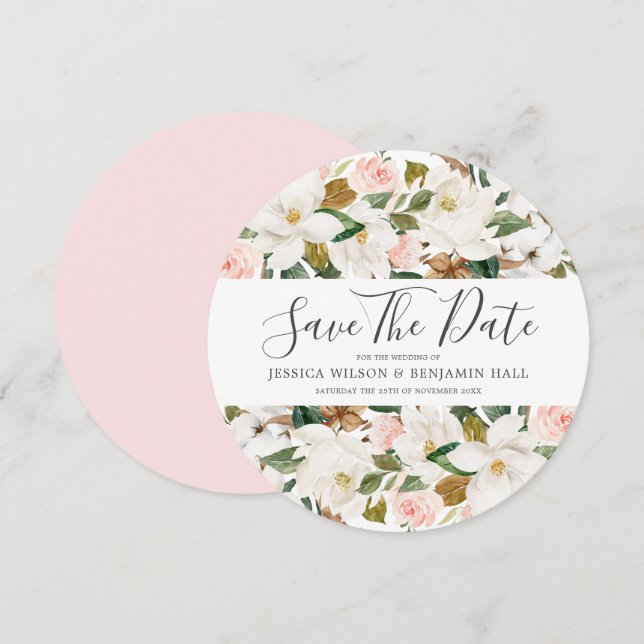 Save The Date Magnifiques Fleurs Aquarelles Blanches et Rose Mar (Devant / Derrière)