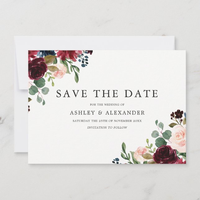 Save The Date Magnifiques fleurs roses et bordeaux Mariage éléga (Devant)
