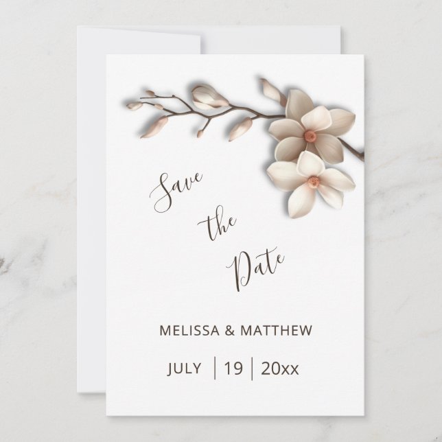 Save The Date Magnolia en ivoire fleurs 3D (Devant)