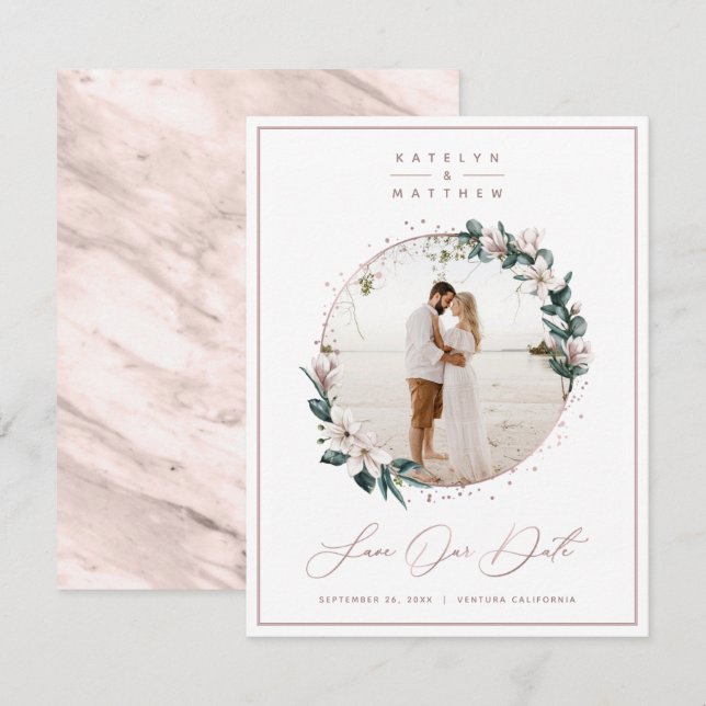 Save The Date Magnolia Floral & Rose Gold Circle photo encadrée (Devant / Derrière)