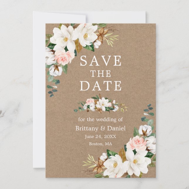 Save The Date Magnolias blancs Roses roses roses Aquarelle Kraft (Devant)