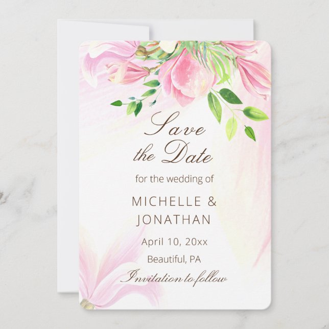 Save The Date Magnolias Rose Blush Floral Inspiration Mariage (Devant)