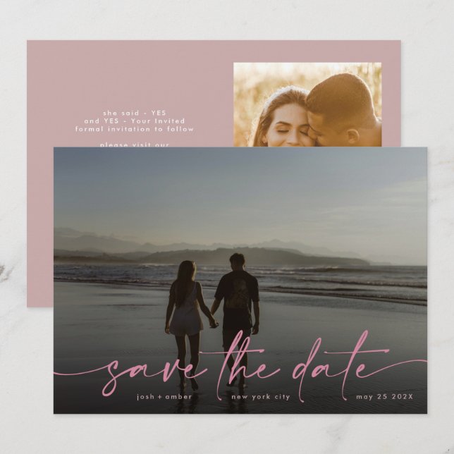 Save The Date Main rose écrite moderne Photo Blush Dusty (Devant / Derrière)