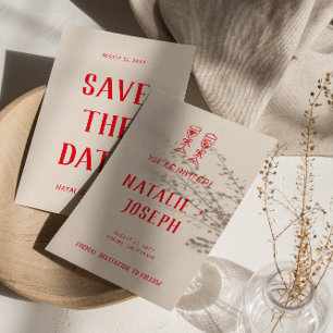 Save The Date Main rouge moderne tiré Rétro Quirky Mariage uniqu